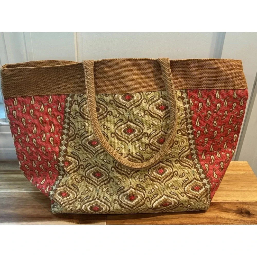 Style 101 Jute Burlap Tote Bag Red Paisley Boho Zip Top Shoulder Beach Large